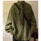 Voguable Autumn Green Black Shirt Men Fashion Social Men Dress Shirt Korean Loose Long Sleeve Shirts Men Pocket Tooling Shirt M-3XL voguable