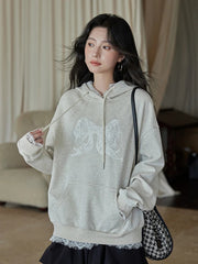 Lace Patchwork Cute Hoodies Women Loose Long Sleeve Bow Print Vintage Pullover Korean Casual Female Preppy Style Sweet Tops voguable