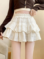 Gidyq Sweet Cute Lace Mini Skirt Women Kawaii White Ruffles Pleated Skirts Summer Korean High Waist Black Casual A Line Skirt voguable