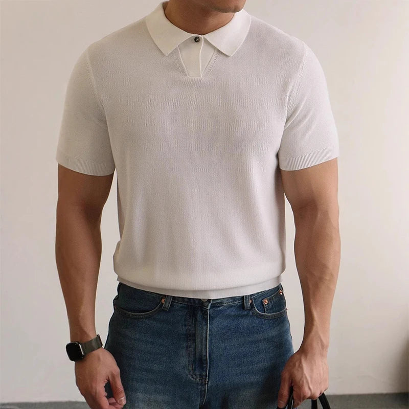 New Men's Clothing Light Luxury Business Polo Shirt Casual Slim-fit Knitted Solid Color Short Sleeve T-shirt High Quality Tops voguable