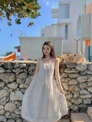 Voguable 2024 Spring Elegant Floral Midi Dress Women Casual Y2k Clothing White One Pice Dress Korean Beach Style Slim Party Dress Chic voguable