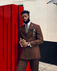 Brown Stripe Double Breasted Men Suit 2 Pcs Wedding Terno Bespoke Groom Prom Slim Fit Peaked Lapel Blazer Trousers(Jacket+Pant) voguable
