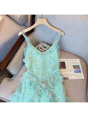 Voguable Summer Women's Vintage Elegant Light Green Dress Casual Spaghetti Strap Sleeveless Camisole Suspender Female Dresses voguable