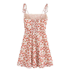 French Vintage Cherry Print Sling Dress Women Sexy Spaghetti Strap A-line Short Chiffon Summer Dress Holiday Robe