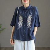 Voguable Ethnic Vintage Embroidered Cotton Linen Blouse Women's Loose Shirt Summer New Arrival voguable
