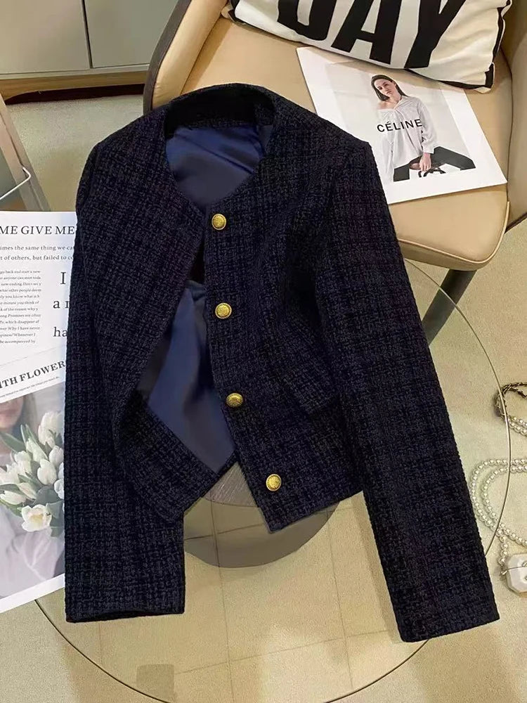 Korean Plaid Tweed Jacket Women Y2K Elegant Office Lady O Neck Casual Crop Coats Autumn Single Breasted All Match Female Outwear voguable