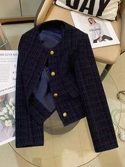 Korean Plaid Tweed Jacket Women Y2K Elegant Office Lady O Neck Casual Crop Coats Autumn Single Breasted All Match Female Outwear voguable