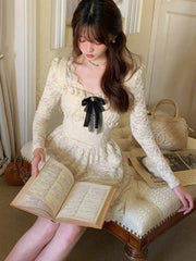 Women's Vintage Lace Short Dresses Bow Long Sleeves Ruffles Square Collar A-Line Fashion Dress 2025 New Korean Prom Vestidos voguable