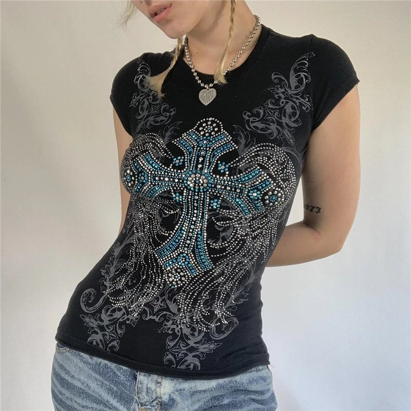 Goth T Shirts y2k Aesthetic Fairy Grunge Clothes Rhinestone Cross Wings Pattern Short Sleeve Tops Women Streetwear voguable