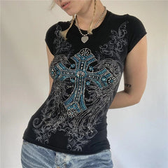 Goth T Shirts y2k Aesthetic Fairy Grunge Clothes Rhinestone Cross Wings Pattern Short Sleeve Tops Women Streetwear voguable