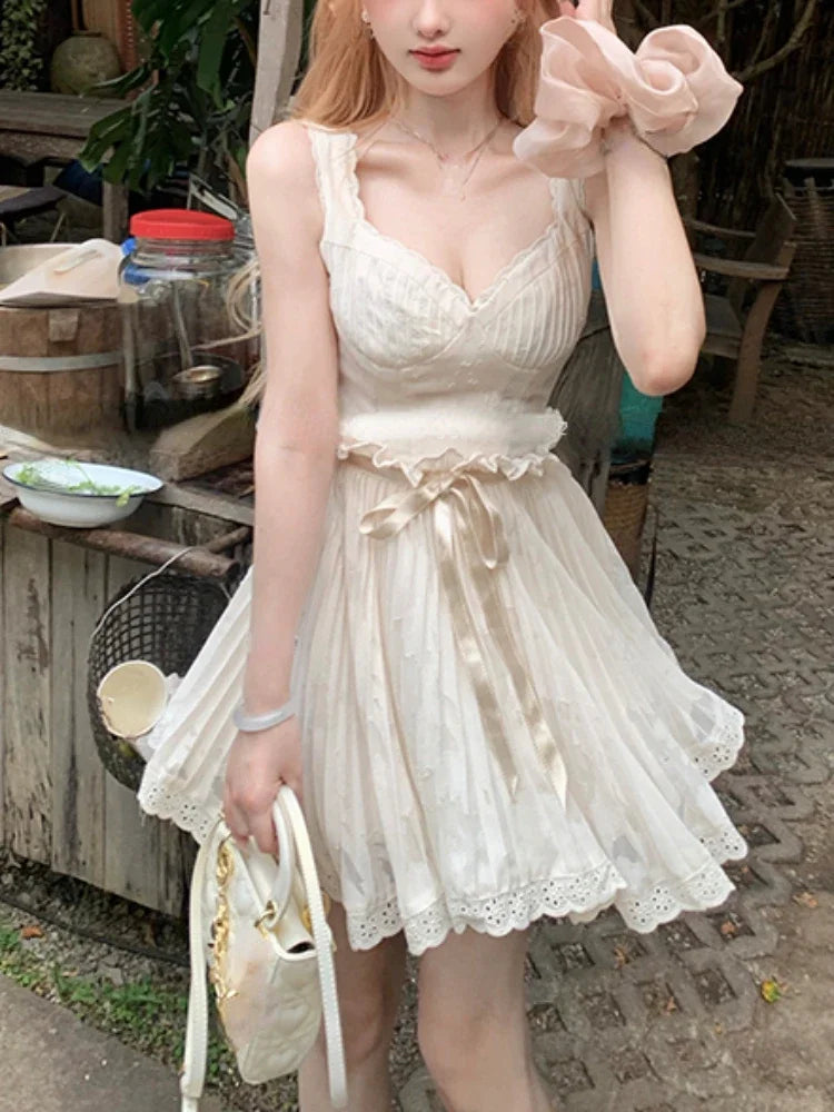 Voguable Summer White French Vintage Dress Women Lace Ruffles Kawaii Sweet Mini Dress Female Ruched Bandage Korean Fashion Strap Dress voguable