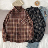 Plaid Shirts Vintage Long Sleeve Oversize Button Up Shirt Korean Fashion Casual Single Breasted Button Blouse Fall Outwear Tops voguable