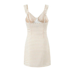 New Women Flying Sleeve V Neck Plaid Dress Sexy Sleeveless High Waist Female Summer Short Dresses Holiday Robe