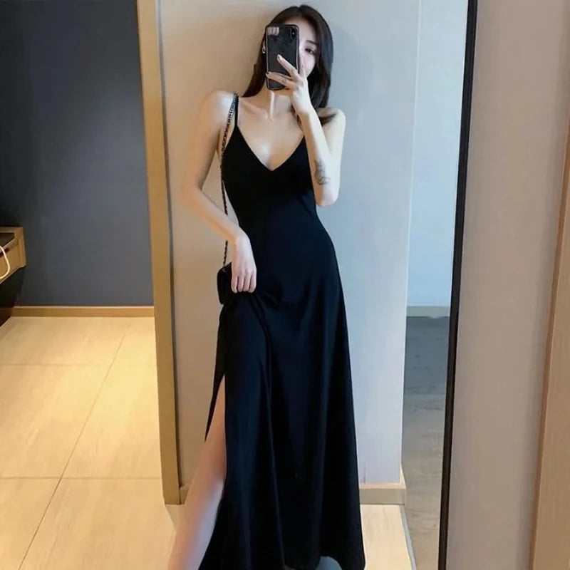 Women V Neck Camis Dress Summer Sexy Backless High Waist Side Split Midi Dress Female Korean Slim Spaghetti Straps A Line Dress voguable
