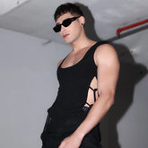 Voguable 2024 Knitted Elastic Tank Tops Men's Personalized Split Lace Trendy Square Neck Original Design Sleeveless T-shirt voguable