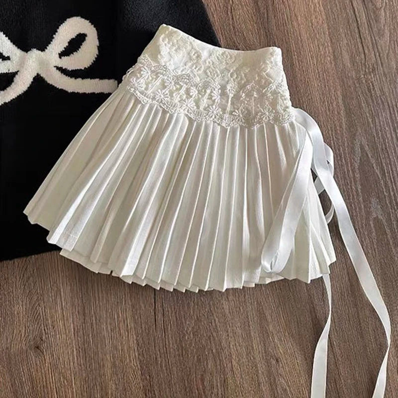 Y2K Lace Up Mini Skirts Women Korean Fashion High Waist Preppy Lace Patchwork Pleated Skirt Sweet Lolita A Line Faldas Mujer voguable