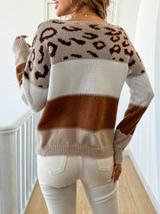 Autumn and winter leopard print contrasting pullover knitted sweater voguable