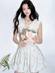 Floral V Neck Sexy Dress Women Casual Elegant Sleeveless Mini Dress Vintage Lace Up Female Korean Summer Beach Style Dress voguable