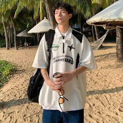 American Retro Short Sleeved Y2k Motorcycle Style Polo Collar Simple Versatile Loose Vintage Summer Couple T-shirt Casual Top voguable