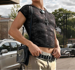 Summer Men T Shirt Lace Transparent O-neck Sleeveless Sexy Crop Tops Men Tees Streetwear 2025 Fashion Men Clothing S-5XL voguable