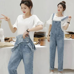 Voguable Washed Denim Jumpsuit Women Casual High Waist Blue Wide Leg Pants Female 2024 Spring Korean Loose Pockets Jean Overalls voguable