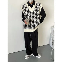 Autumn Men Clothing V-neck Houndstooth Knitted Sweater Vests for Men Korean Fashion Loose Casual Sleeveless Men's Pullover Vest voguable