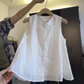 Woman O-Neck Sleeveless Tops Lace Patchwork Embroidery White Button Cardigan Elegant Casual Commuting with Lining Solid T-Shirts voguable