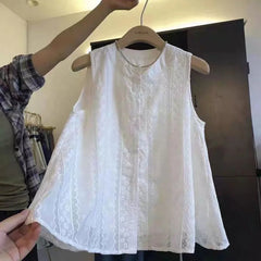 Woman O-Neck Sleeveless Tops Lace Patchwork Embroidery White Button Cardigan Elegant Casual Commuting with Lining Solid T-Shirts voguable