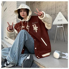 American Retro Preppy Style Baseball Jacket Plush Thick Blazers Women Autumn Winter New Student Harajuku Cardigans Hooded Coat voguable