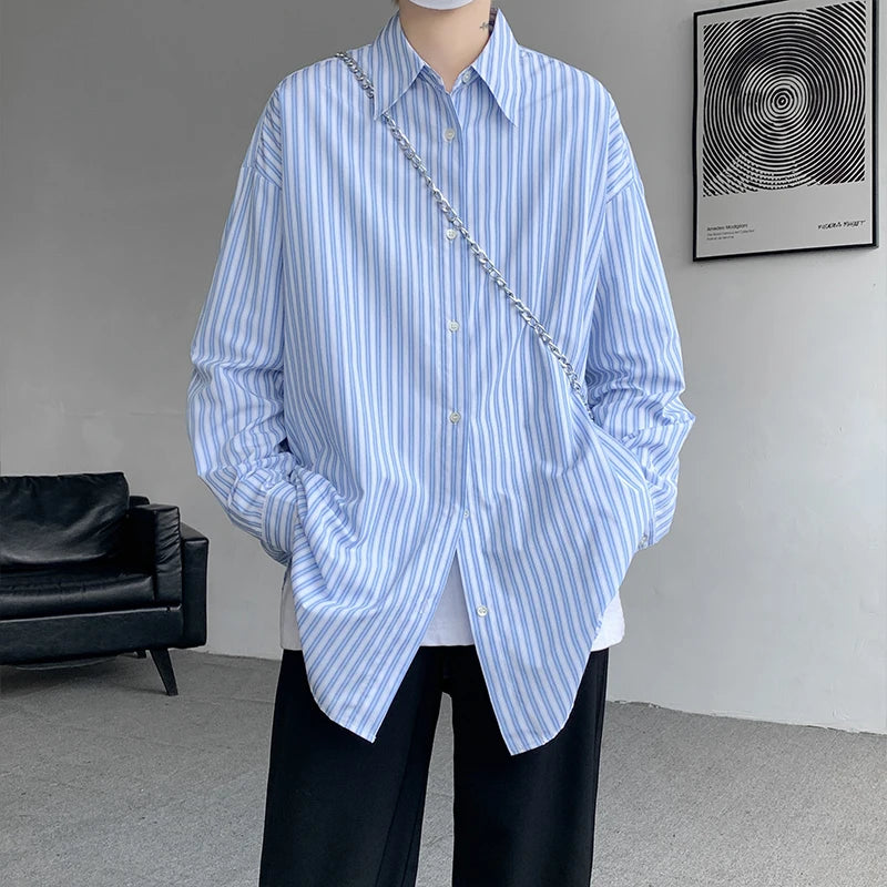 Blue Striped Shirt Men Fashion Society Mens Dress Shirt Korean Loose Long Sleeved Shirt Mens Casual Shirts Large Size 5XL voguable