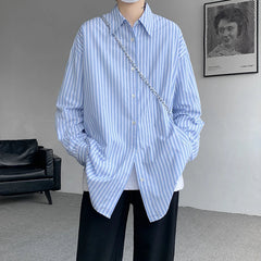 Blue Striped Shirt Men Fashion Society Mens Dress Shirt Korean Loose Long Sleeved Shirt Mens Casual Shirts Large Size 5XL voguable