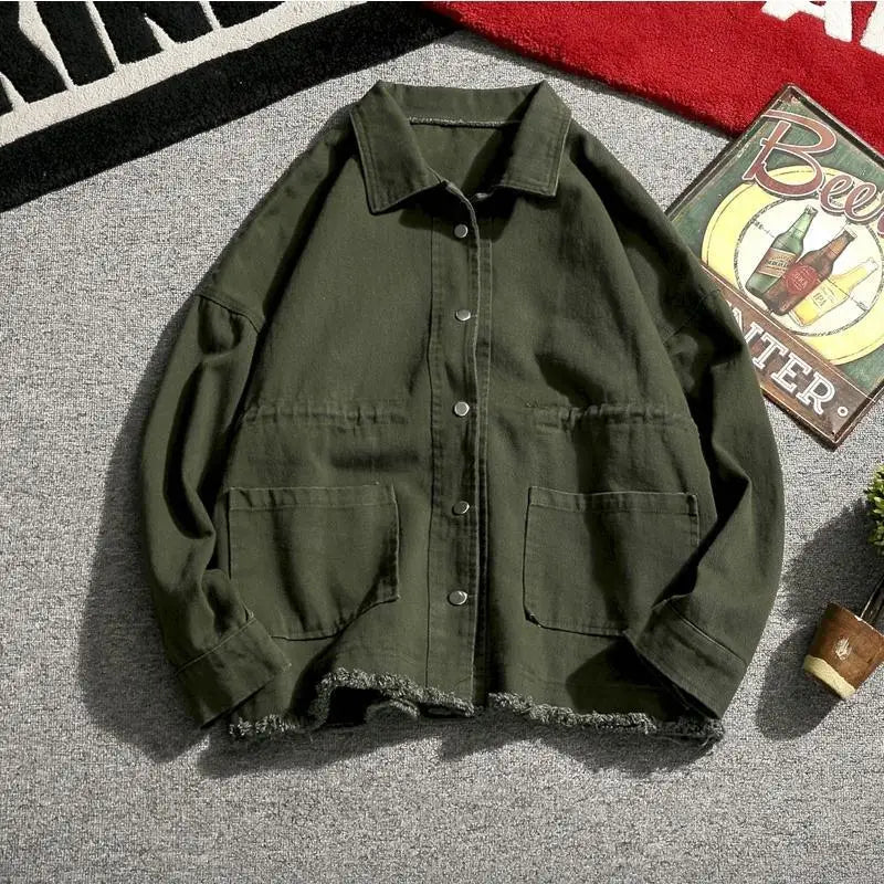 Japanese Cargo Retro Jacket Men 2025 Spring Loose Large Size Army Green Denim Jacket Preppy Trendy High-end Simple Jacket Chic voguable