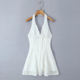 Women Hollow Out Embroidery White Halter Dress Sexy Backless A-line Mini Summer Dresses Holiday Robe