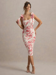 Floral Print Backless Sexy Maxi Dress For Women Gown Spaghetti Strap Square Collar Ruched Bodycon Club Party Dress voguable