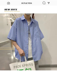 Japanese Style Simple Striped Short Sleeve Shirt For Men Summer Korean Trendy Loose Fit Casual Jacket voguable
