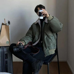 Vintage Winter Thick Lapel Cotton Jacket Men Korean Fashion Lambswool Fleece Bomber Jacket Loose Short Coat Mens Jacket voguable