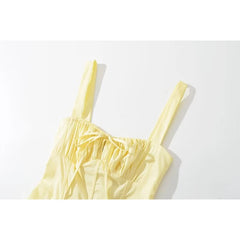 Voguable Women French Style Yellow Sling Dress Sexy Sleeveless Cross Lacing Up Back Slit Hem Elegant Ladies Dresses voguable