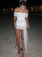 Mesh Off-shoulder Backless Sexy Maxi Dress For Women Fashion Strapless Sleeveless Split Ruched Bodycon Club Party Dress voguable