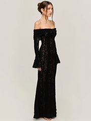 Mozision Lace Off-shoulder Sexy Maxi Dress Women Strapless Backless Long Sleeve Bodycon Evening Club Party Long Dress Elegant voguable
