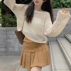 Long Sleeve Pointelle Knit Top Women Sheer Openwork Boxy-fit Crew Neck Pullovers Sweater Female Teen-girl Boho Vacation Outfit voguable
