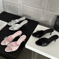Summer Pink Butterfly-knot Woman Slippers Elegance Stripper Thin Low Heels Ladies Mules Slides Shoes voguable