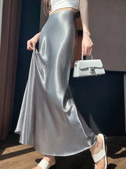 Chic Satin Elegant Long Skirt Women Casual Fashion High Waist Sweet Trumpet Skirts Slim Summer Female Korean Long Skirts voguable