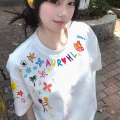 Women's Printing Flowers Tee Summer Sweet O-Neck Cotton High Street Loose Soft T-Shirt Oversize Casual Basic T-shirt Clothing voguable