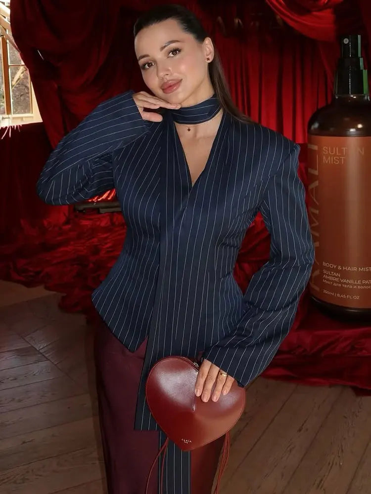 Elegant Female Striped Suit Coat For Women Scarf Lace-Up Patchwork V-Neck Long Sleeve Luxury Outwear Female Jackets Coat voguable