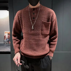 Autumn Winter New Fashion Round Neck Long Sleeve Solid Pullovers Men's Clothing All-match Button Knitting Korean Simplicity Tops voguable