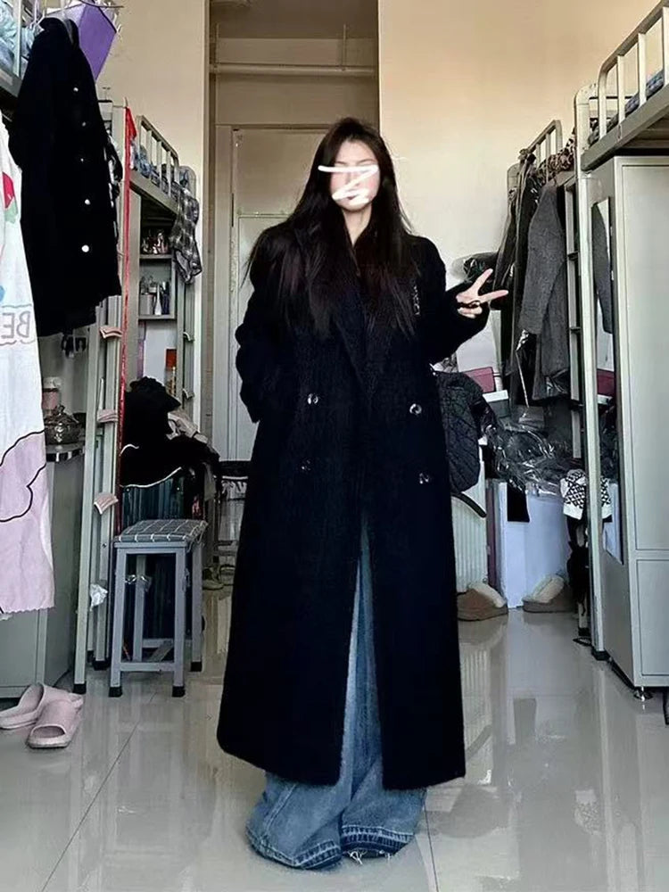 Black Faux Wool Jacket Women Winter Thick Warm Double Breasted Long Coat Y2K Female Korean Elegant Hepburn Style Blend Outerwear voguable