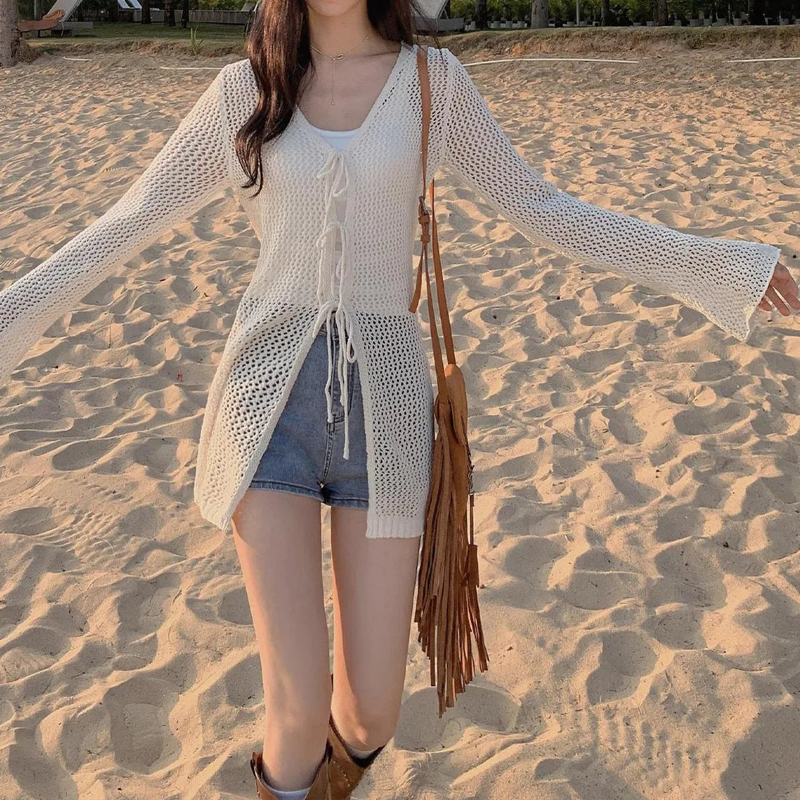 Tie Front Open Knit Cardigan Women Long Sleeve Longline Sweater Jacket Sheer Beach Cover-Up Ladies Boho Vacation Outfit voguable