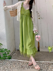 Y2k Fashion Leisure Holiday Wind Fruit Green Dress Summer Cool Feel Lazy Wind Hollow Pendant Feeling Suspender Long-Short Dresse voguable