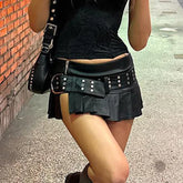 Voguable Sexy Pu Leather A-line Pleated Mini Skirt Black Dropped Waist Slit Super-short Skirts With Belt Women Punk Streetwear voguable