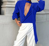 Fashion Men Shirt Solid Color Stand Collar Long Sleeve Male Shirt With Belt Streetwear 2025 Oversize Casual Men Clothing voguable